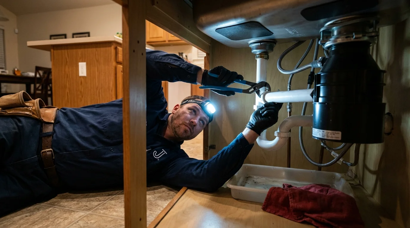 P-trap and supply line connections under a kitchen sink showing a common leak point in Amherst, VA